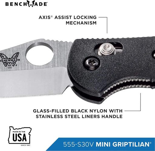 Benchmade Mini Griptilian 555-S30V Axis Lock Knife Black Handle (USA) - NORTH RIVER OUTDOORS