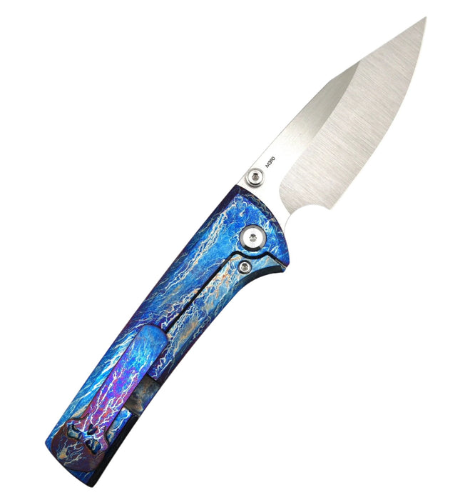 Custom Chaves Scapegoat Street Frame Lock Folding Knife Heat Antropic Ti Handles (3.50" Bohler M390) (Blurple Lightning)