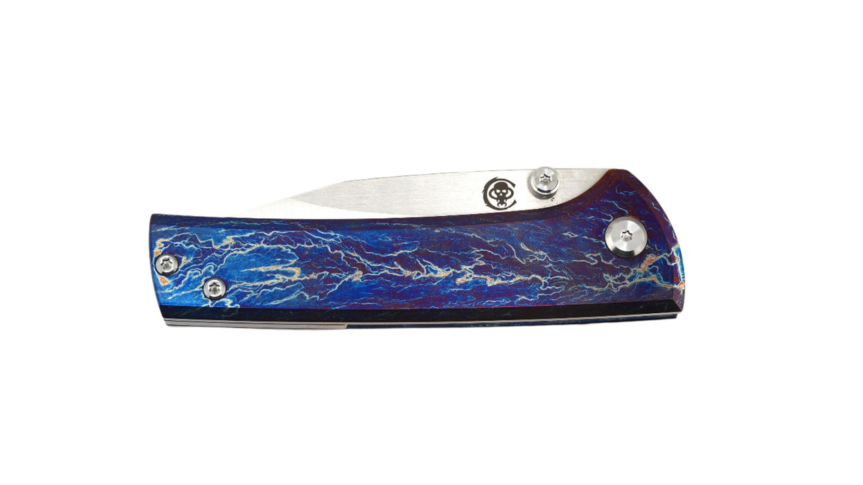 Custom Chaves Scapegoat Street Frame Lock Folding Knife Heat Antropic Ti Handles (3.50" Bohler M390) (Blurple Lightning)