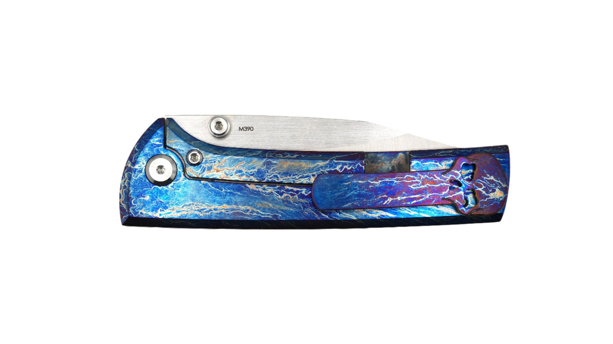 Custom Chaves Scapegoat Street Frame Lock Folding Knife Heat Antropic Ti Handles (3.50" Bohler M390) (Blurple Lightning)