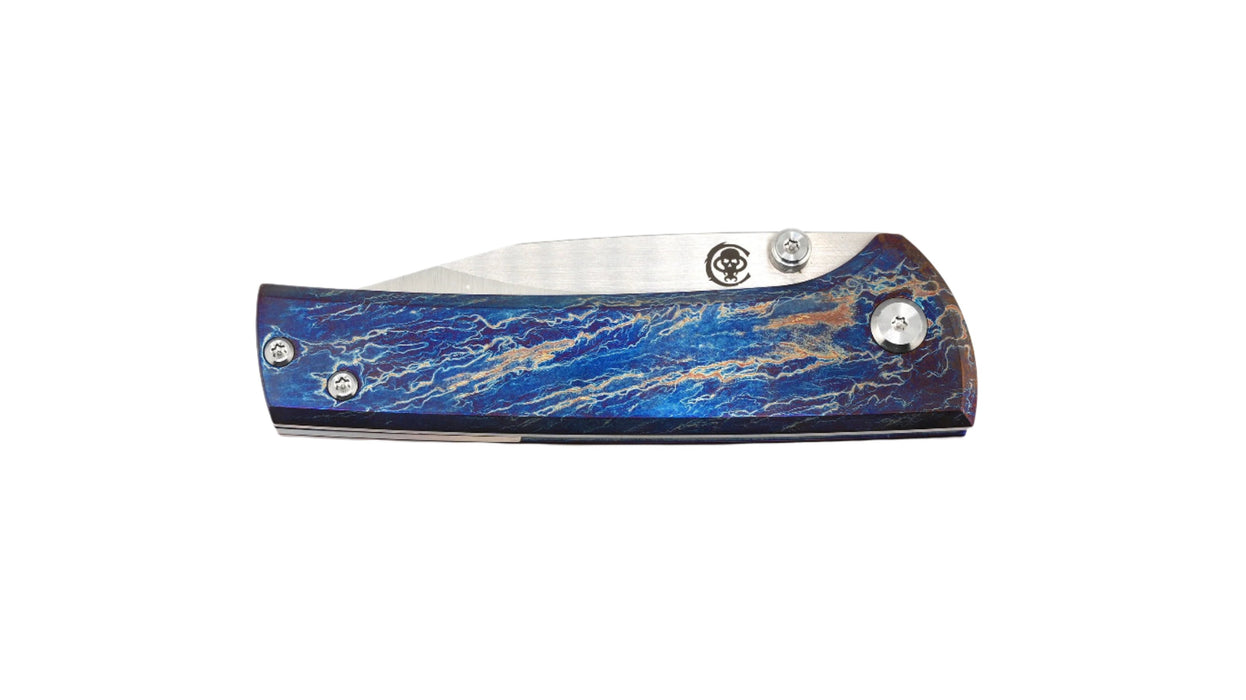 Custom Chaves Scapegoat Street Frame Lock Folding Knife Heat Antropic Ti Handles (3.50" Bohler M390) (Blue Lightning)