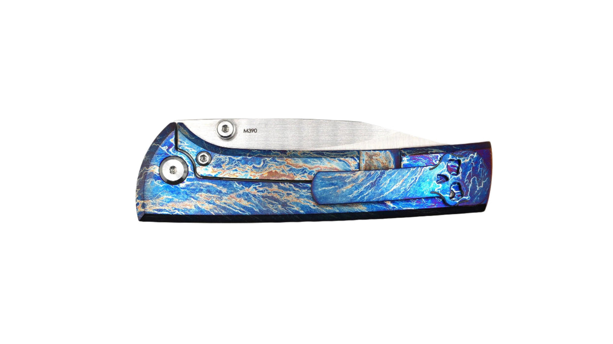 Custom Chaves Scapegoat Street Frame Lock Folding Knife Heat Antropic Ti Handles (3.50" Bohler M390) (Blue Lightning)