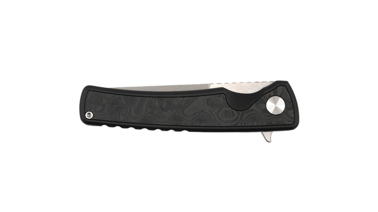 Mechforce Kilby Collab Integral Frame Lock Flipper Knife 3.375" M390 Stonewashed Japanese Tanto Blade, Black PVD Integral Titanium Handle with Black Dunes FatCarbon Inlays