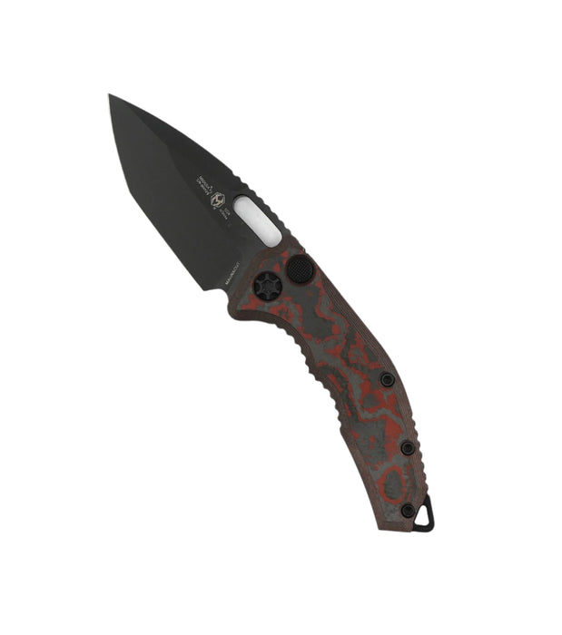 Heretic Knives Medusa Auto Folding Knife CPM-MagnaCut Black DLC Tanto Blade w/ Red Camo Carbon Handles