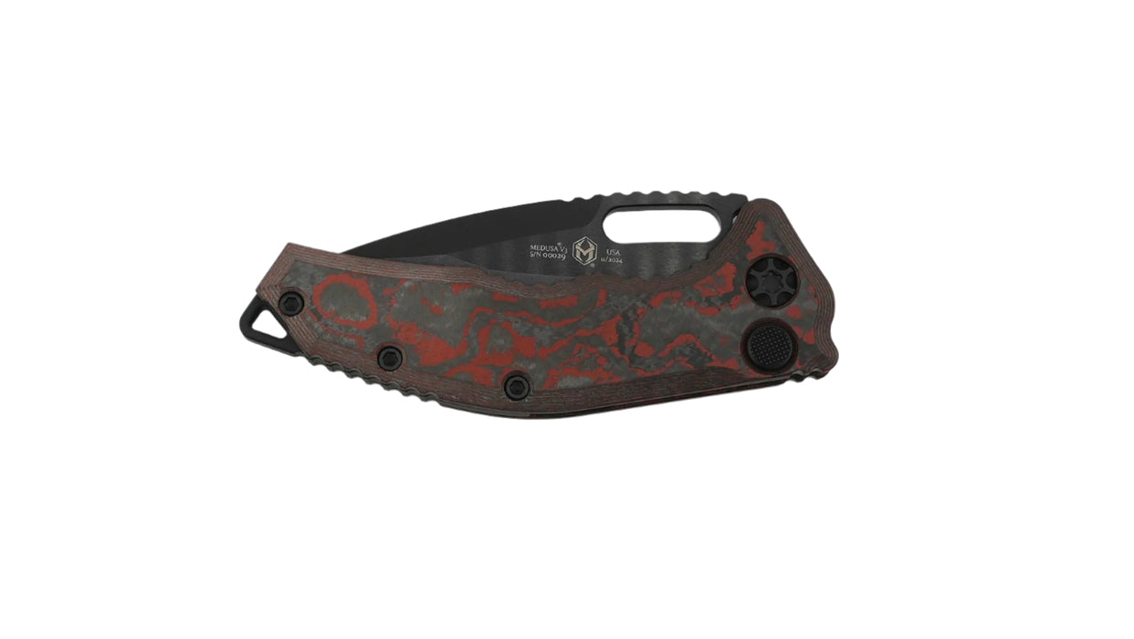 Heretic Knives Medusa Auto Folding Knife CPM-MagnaCut Black DLC Tanto Blade w/ Red Camo Carbon Handles