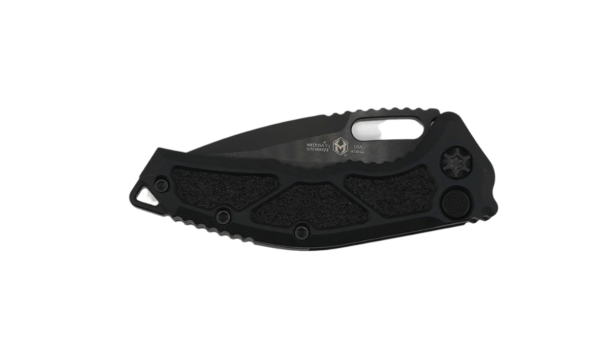 Heretic Knives Medusa Tactical Auto Folding Knife CPM-MagnaCut Black DLC Tanto Blade, Black Aluminum Handles with Black Traction Inlays