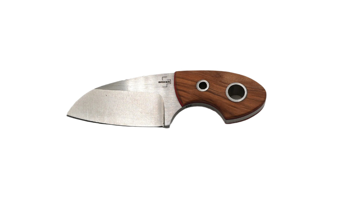 Boker Plus 02BO322 Vox Knives Gnome Fixed Neck Knife 2.17" Satin Sheepsfoot Blade w/ Olive Wood Handles with Red Liners 02BO322