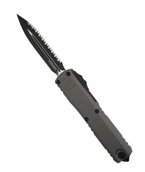 Microtech 1122-3NC Ultratech ZBP D/E Black Full Serration Blade w/ Natural Clear Aluminum Handles