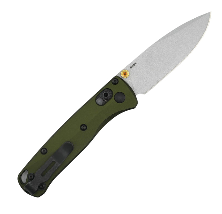 Benchmade 533SL-10 Seasonal Mini Bugout Folding Knife 2.82" S90V Crushed Silver Cerakote Plain Blade w/ Woodland Green Aluminum Handles