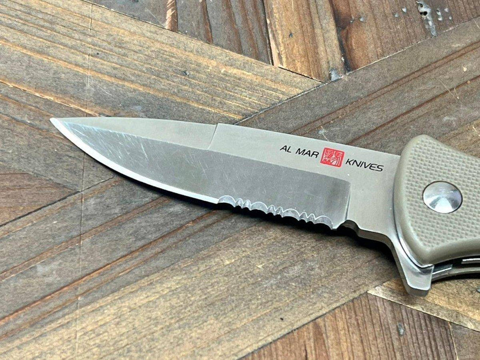 Al Mar Mini SERE 2020 Assisted Flipper Knife 3" 8Cr13MoV Satin Combo Talon Drop Point, Coyote Tan Handles