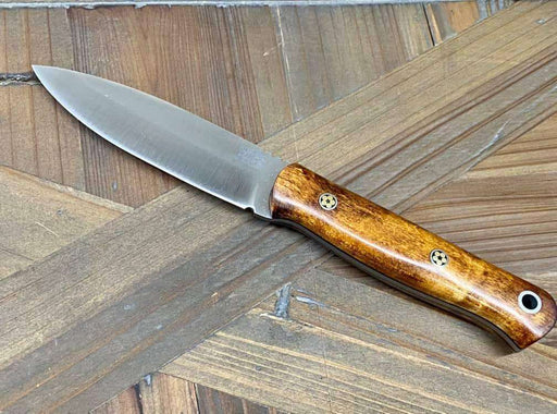 Bark River Bushcraft Scout Knife MagnaCut Dark Curly Maple Brass Mosaic Pins (USA)