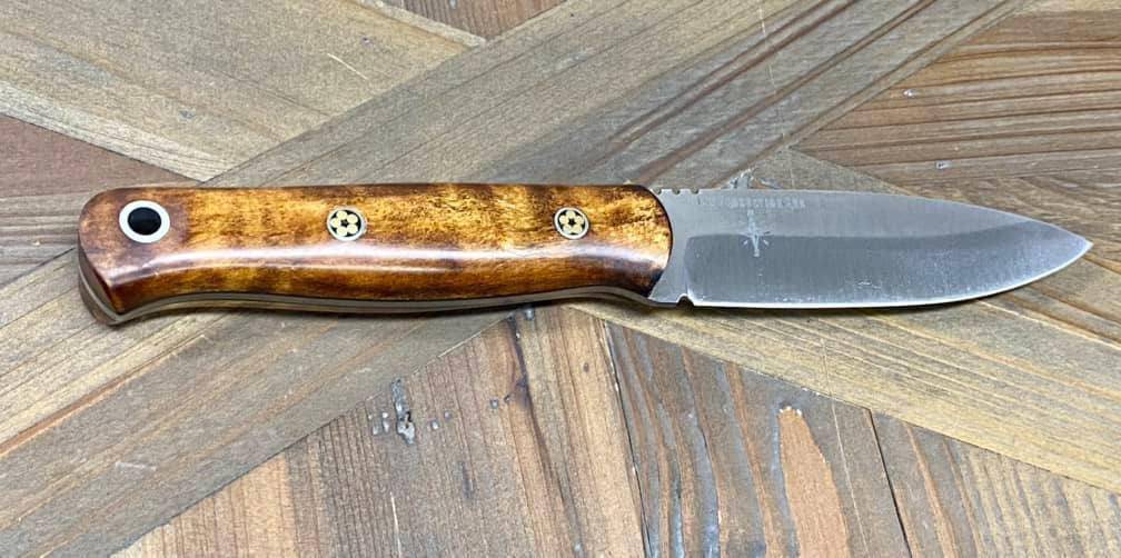 Bark River Bushcraft Scout Knife MagnaCut Dark Curly Maple Brass Mosaic Pins (USA)