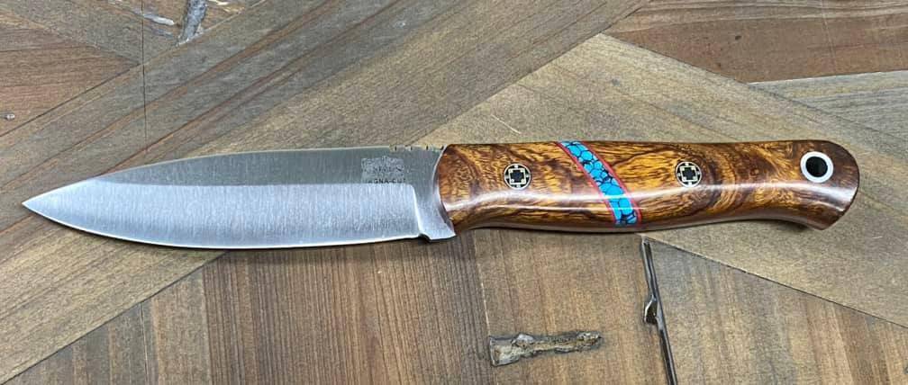 Bark River Bushcraft Scout Knife MagnaCut Desert Ironwood Burl Turquoise Spacer Mosaic Pins (USA)