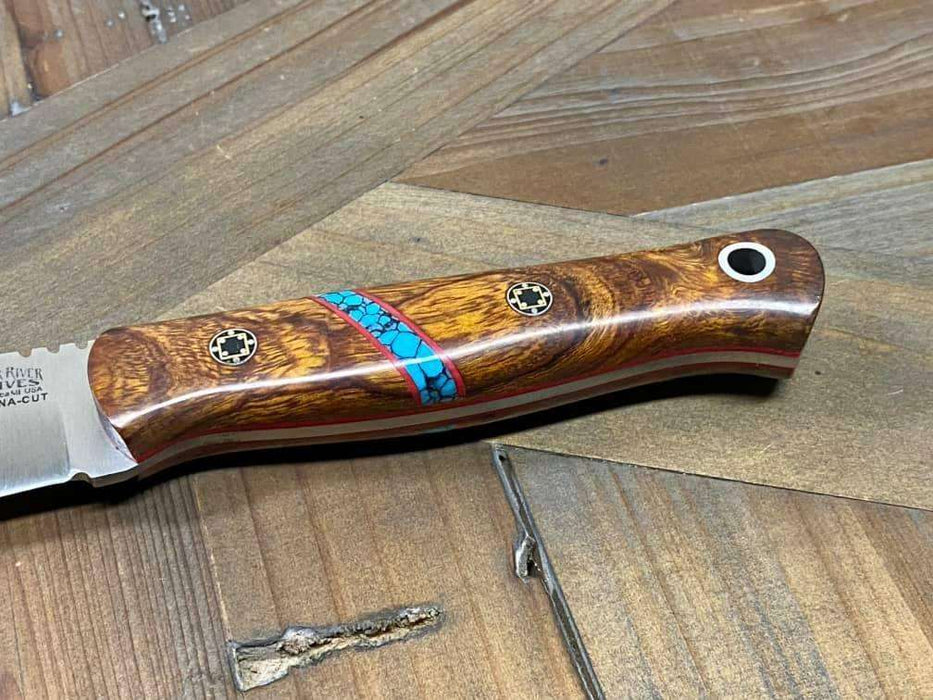 Bark River Bushcraft Scout Knife MagnaCut Desert Ironwood Burl Turquoise Spacer Mosaic Pins (USA)