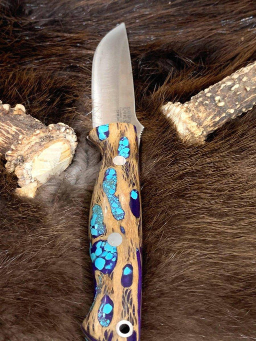 Bark River Gunny CPM 3V Knife Purple Cholla Cactus Handles with Turquoise