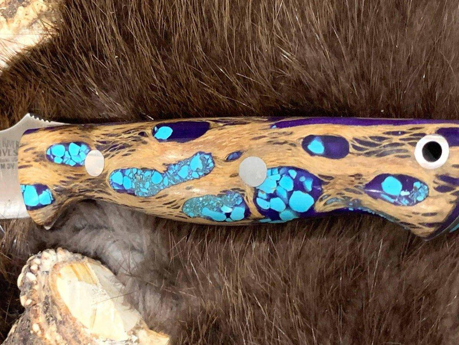 Bark River Gunny CPM 3V Knife Purple Cholla Cactus Handles with Turquoise