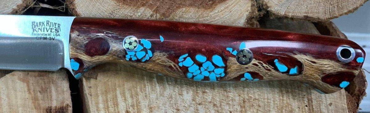 Bark River Gunny CPM 3V Knife - Red Cholla Cactus with Turquoise - Gray Liners - Rampless