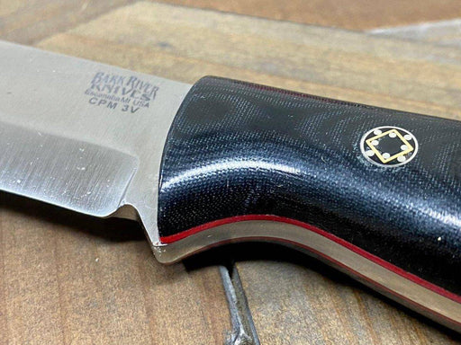 Bark River Gunny Scandi CPM 3V Black Linen Micarta, Red Liners, Mosaic Pins