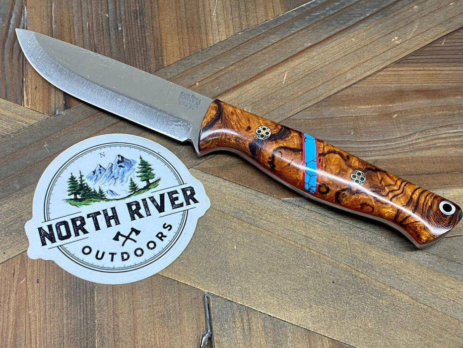 Bark River Gunny Scandi CPM 3V Desert Ironwood Burl, Turquoise Spacer, Red Liners, Mosaic Pins