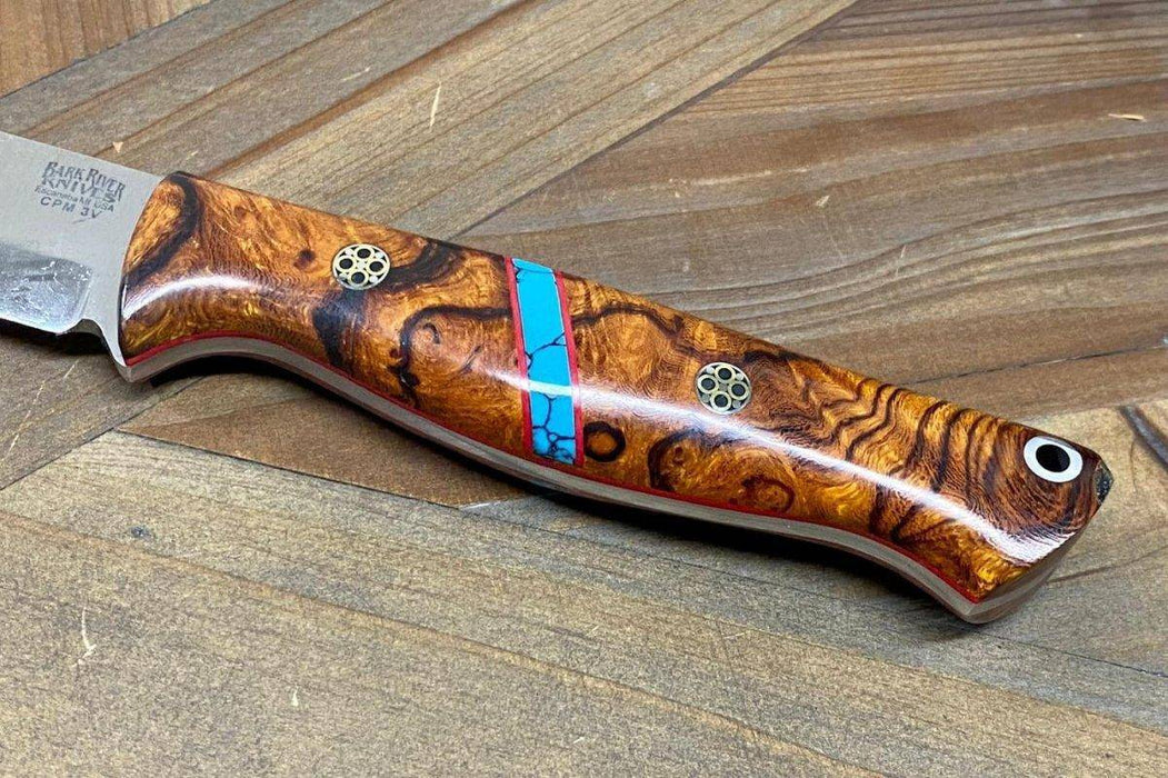 Bark River Gunny Scandi CPM 3V Desert Ironwood Burl, Turquoise Spacer, Red Liners, Mosaic Pins