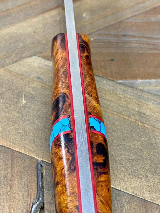 Bark River Gunny Scandi CPM 3V Desert Ironwood Burl, Turquoise Spacer, Red Liners, Mosaic Pins