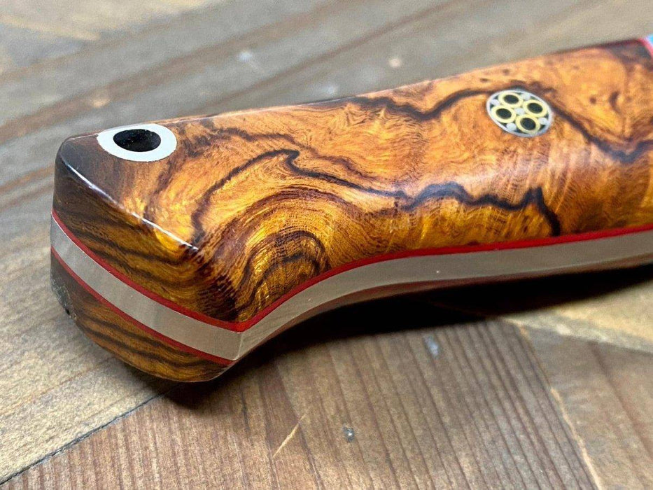 Bark River Gunny Scandi CPM 3V Desert Ironwood Burl, Turquoise Spacer, Red Liners, Mosaic Pins