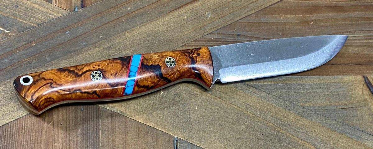 Bark River Gunny Scandi CPM 3V Desert Ironwood Burl, Turquoise Spacer, Red Liners, Mosaic Pins