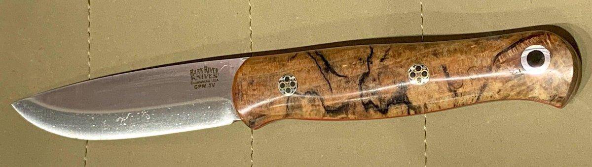 Bark River Ultralite Bushcrafter CPM 3V Spalted Maple Burl - Red Liners - Mosaic Pins