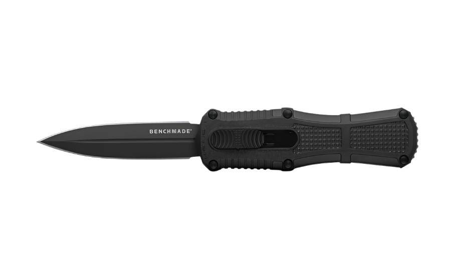 Benchmade 3375GY Mini Claymore OTF Auto Knife 3.02" CPM-D2 Smoke Gray PVD Double Edge Blade Black Grivory Handles