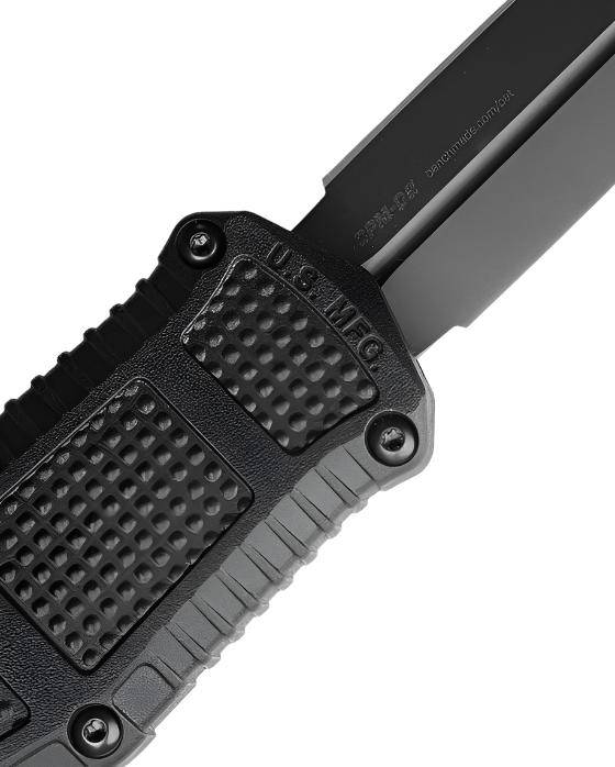 Benchmade 3375GY Mini Claymore OTF Auto Knife 3.02" CPM-D2 Smoke Gray PVD Double Edge Blade Black Grivory Handles