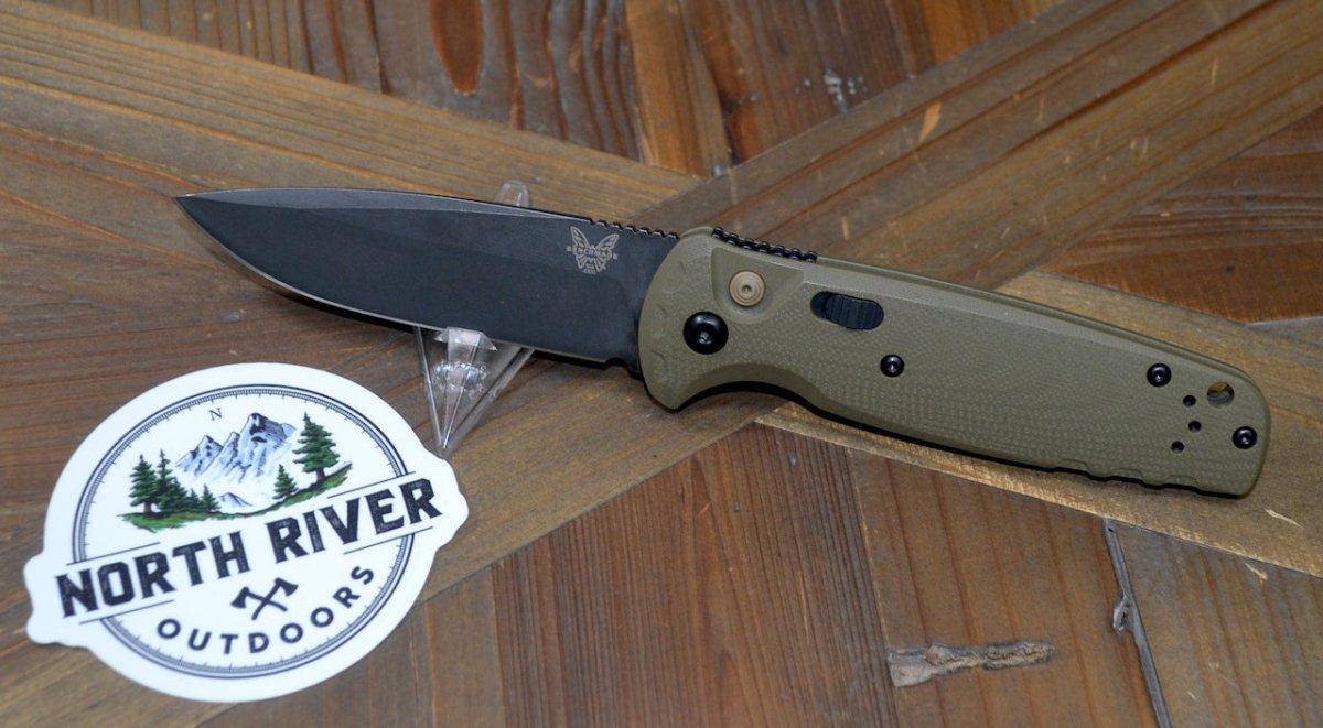 Benchmade 4300BK-02 CLA Auto Knife 3.4" MagnaCut Black DLC Battlewash Plain Blade OD Green G10