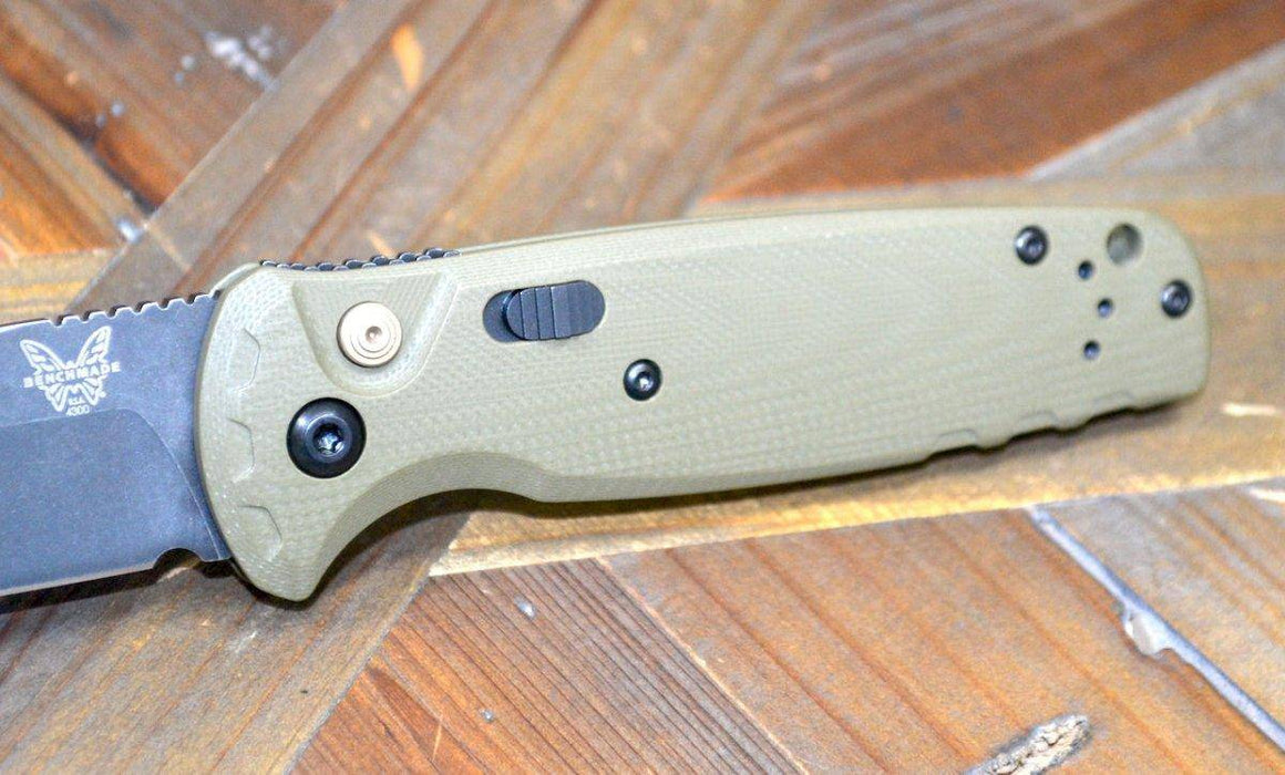 Benchmade 4300BK-02 CLA Auto Knife 3.4" MagnaCut Black DLC Battlewash Plain Blade OD Green G10