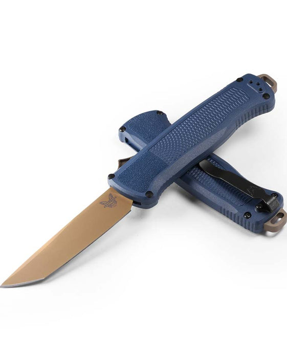 Benchmade 5370FE-01 Shootout OTF Auto  Knife 3.51" CPM-CruWear FDE Tanto Blade Crater Blue Grivory Handles