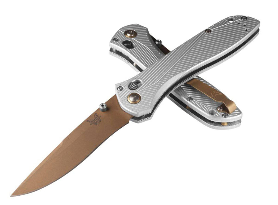 Benchmade 710FE-24 McHenry & Williams Seven Ten Folding Knife 4" CPM-S90V Flat Earth PVD Recurve Drop Point Blade Gray Machined Aluminum Handles