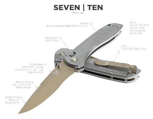 Benchmade 710FE-24 McHenry & Williams Seven Ten Folding Knife 4" CPM-S90V Flat Earth PVD Recurve Drop Point Blade Gray Machined Aluminum Handles