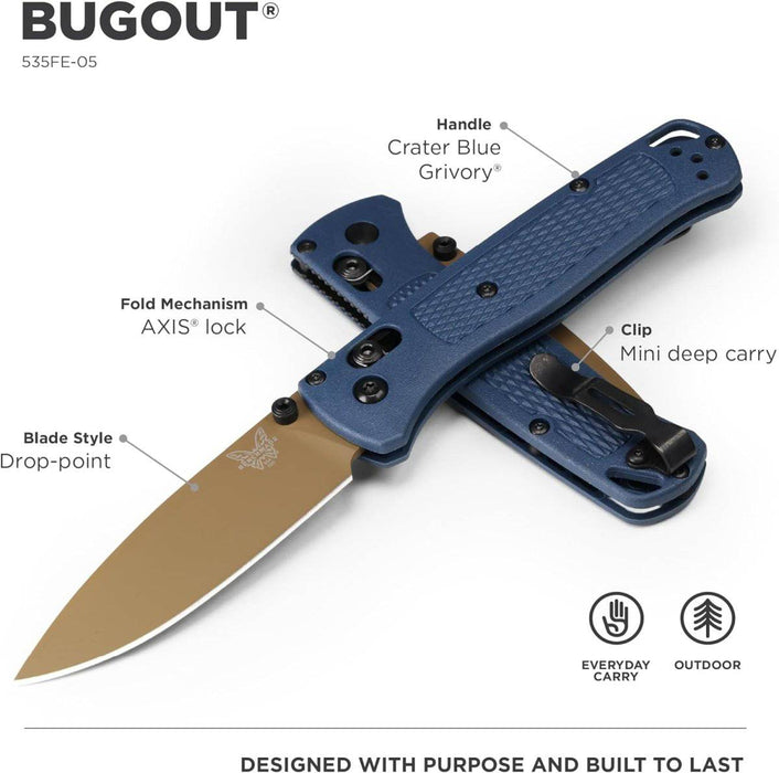 Benchmade Bugout Axis Folding Knife 3.24" S30V Flat Dark Earth Cerakote Plain Blade Crater Blue Grivory Handles