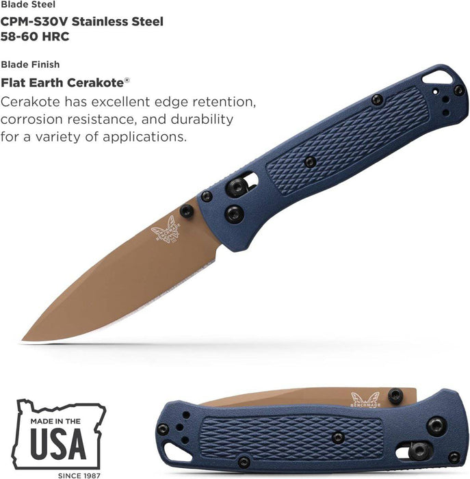 Benchmade Bugout Axis Folding Knife 3.24" S30V Flat Dark Earth Cerakote Plain Blade Crater Blue Grivory Handles