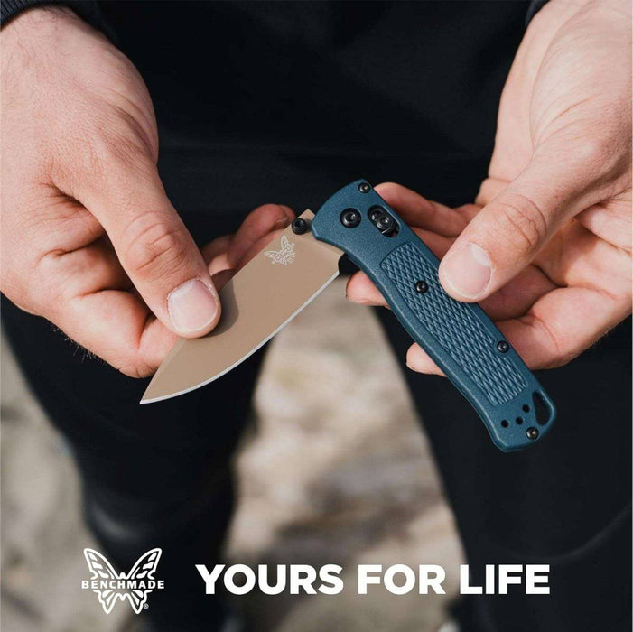 Benchmade Bugout Axis Folding Knife 3.24" S30V Flat Dark Earth Cerakote Plain Blade Crater Blue Grivory Handles