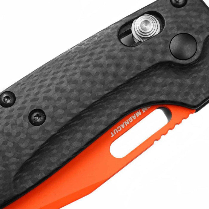 Benchmade Taggedout AXIS Folding Knife 3.5" MagnaCut Orange Blade Carbon Fiber Handles