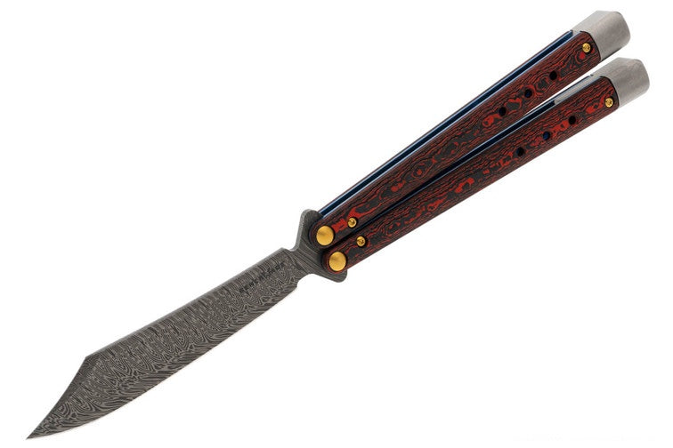 Benchmade 99-241 Gold Class Necron Latchless Balisong Butterfly Knife 4.59" Weehawk Damasteel Scimitar Blade Lava Flow FatCarbon Handles Alligator Leather Sheath