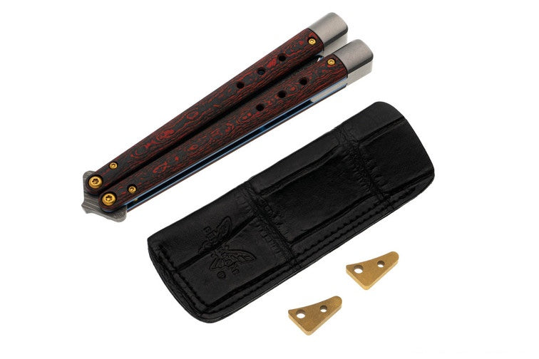 Benchmade 99-241 Gold Class Necron Latchless Balisong Butterfly Knife 4.59" Weehawk Damasteel Scimitar Blade Lava Flow FatCarbon Handles Alligator Leather Sheath