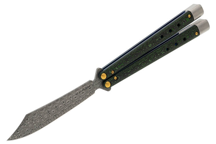 Benchmade 99-242 Gold Class Necron Latchless Balisong Butterfly Knife 4.59" Weehawk Damasteel Scimitar Blade Jungle Wear FatCarbon Handles Alligator Leather Sheath