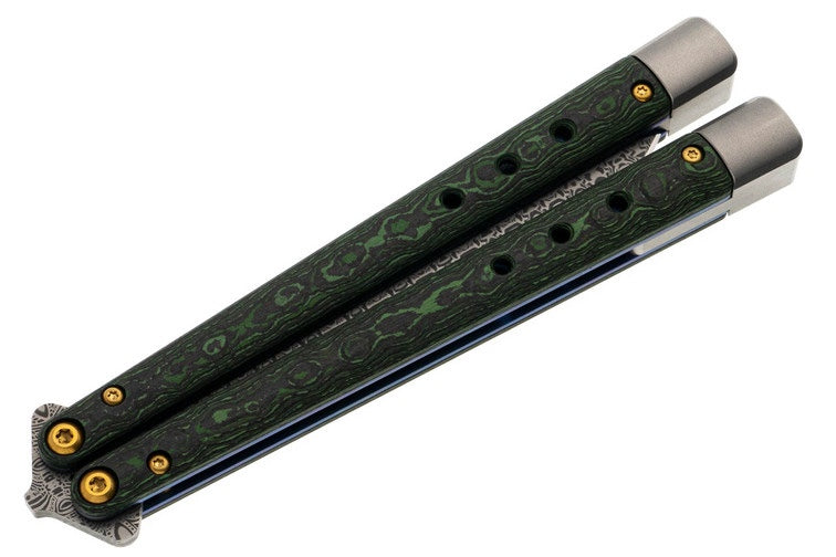 Benchmade 99-242 Gold Class Necron Latchless Balisong Butterfly Knife 4.59" Weehawk Damasteel Scimitar Blade Jungle Wear FatCarbon Handles Alligator Leather Sheath