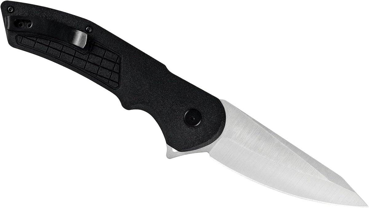 Buck 261 Hexam Flipper Knife 3.33" Satin Drop Point Blade Black Injection Molded Handles