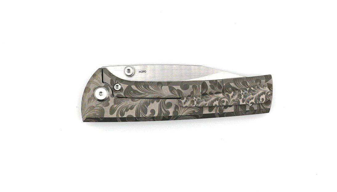 Custom Chaves Scapegoat Street Frame Lock Folding Knife Floral Ti Handles (3.50" Bohler M390) (Engraved)