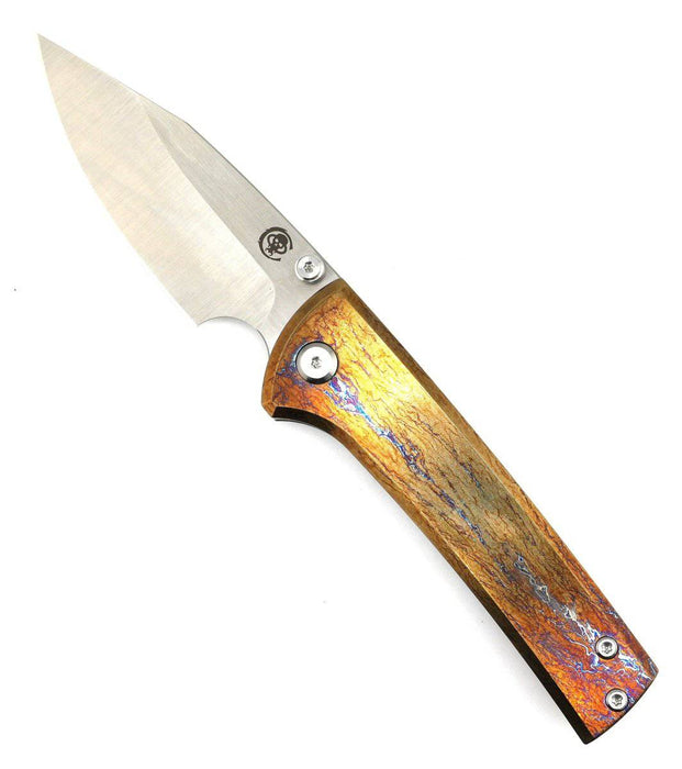 Custom Chaves Scapegoat Street Frame Lock Folding Knife Heat Antropic Ti Handles (3.50" Bohler M390) (Gold Lightning)