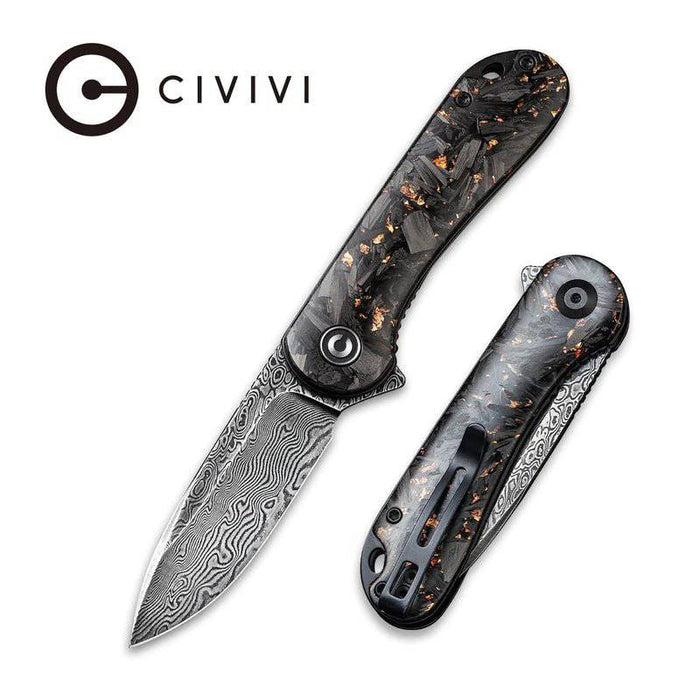 CIVIVI Elementum Flipper Knife 2.96" Damascus Blade Copper Shred Carbon Fiber Handles