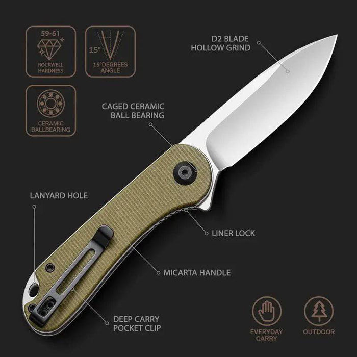 CIVIVI Knives Elementum Knife 2.96" D2 Satin Blade, Dark Green Micarta