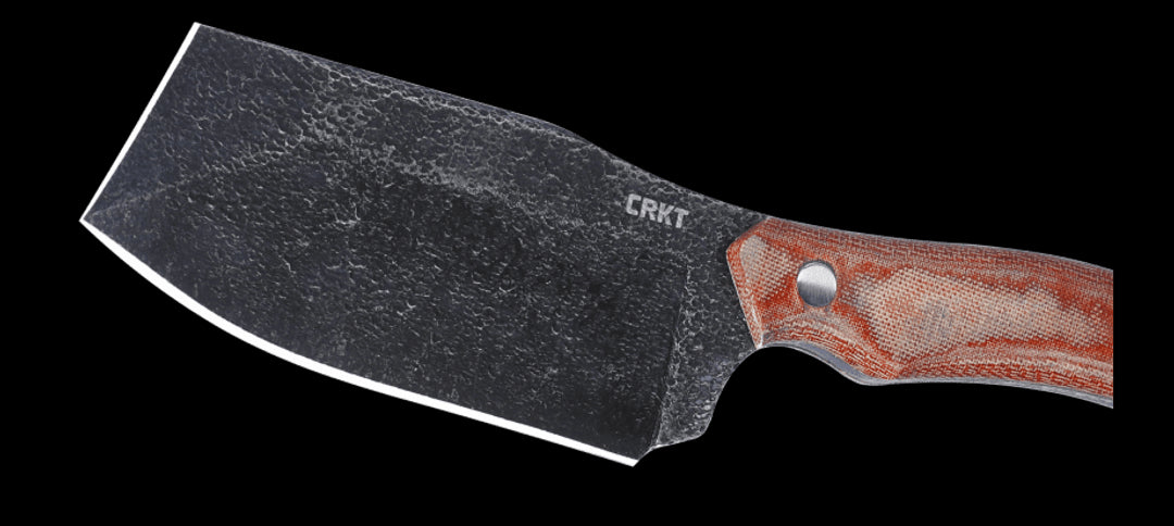 CRKT 2014 Razel Nax Fixed Blade Knife 4.29" 1075 Black Hammered Finish Chisel Blade, Brown Resin Infused Fiber Handles