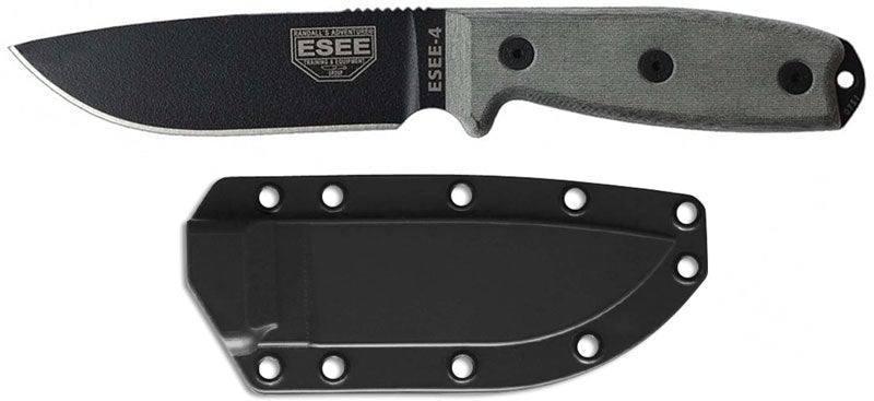 ESEE 4P-B Black Blade Plain Edge, Micarta Handle Black Sheath Clip Plate